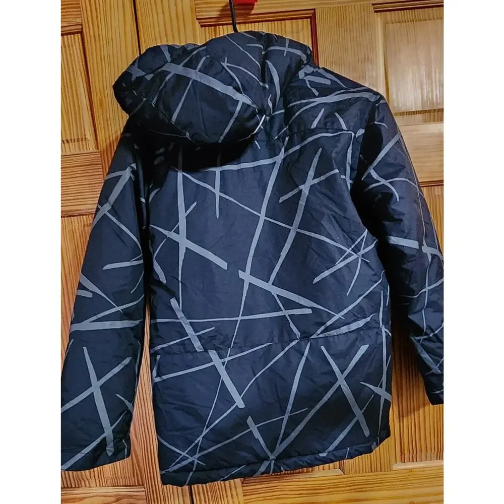 Columbia Youth Insulated Winter Jacket Black‎ Gray Pattern Hooded Size L